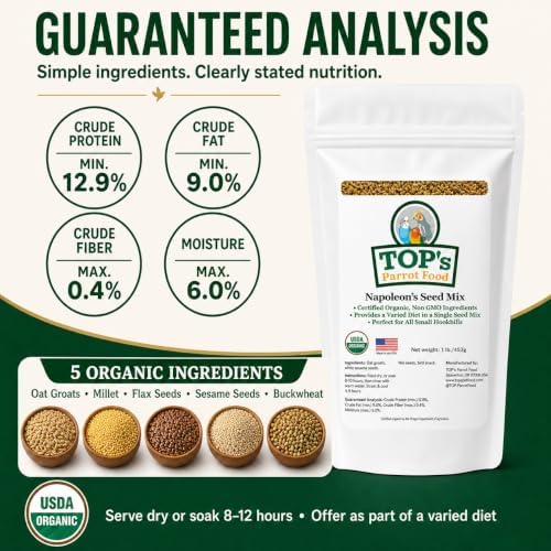 TOP's Napoleon's Seed Mix for All Small Hookbills, Non-GMO, Soy Free, Corn Free, USDA Organic Certified, 1 lb