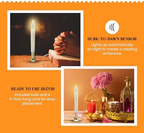 Creative Hobbies Electric Window Candle Lamp with Brass Plated Base, Dusk to Dawn Sensor Turns Candle on in Dark and Off in Light, Ready to Use!