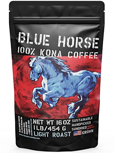 Blue Horse 100% Kona Coffee Whole Bean - 16 oz Medium Roast, Farm Fresh | Certified Organic, Arabica Whole Beans,, Grown In Hawaii USA, Shade Grown, Handpicked, Vacuum Sealed Bag, Caffeinated, Vegan