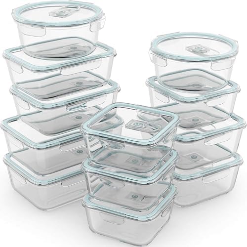 Razab 24 Pc Airtight Glass Food Storage Containers - Glass Meal Prep Containers - Freezer to Oven Safe - Steam Release Valve BPA Free - Airtight