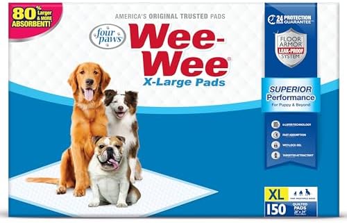 Four Paws Wee-Wee Superior Performance X-Large Dog Pee Pads, 40 Count | Puppy & dog potty training pads, housebreaking supplies, xl puppy pads, pet supplies, 24-hour floor protection, 28" x 34"