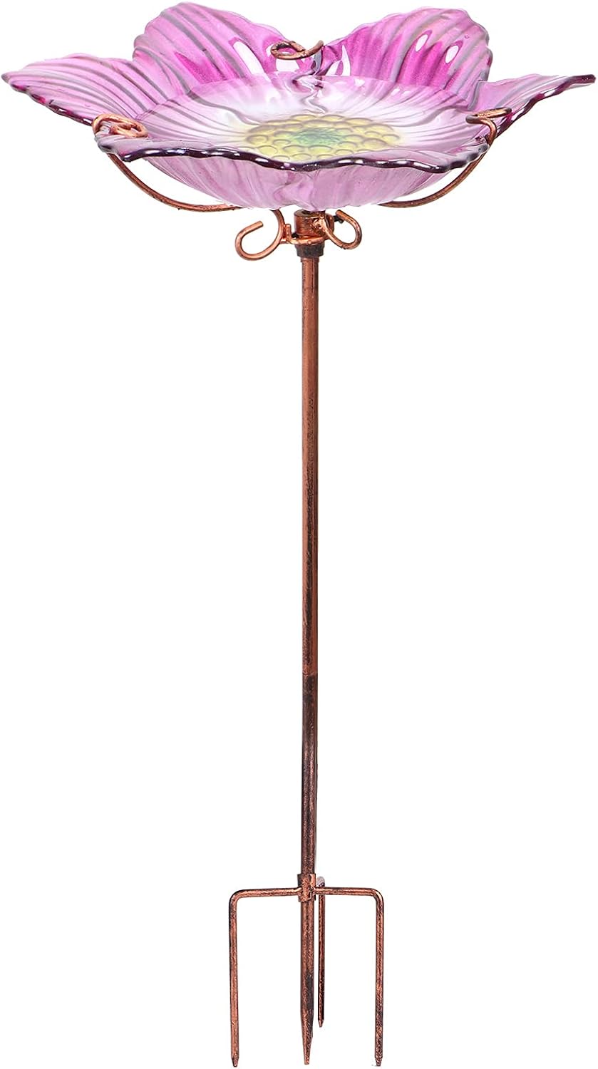 26" Glass Bird Bath, Outdoor Birdbath Bird Feeder Green Flower Metal Stake