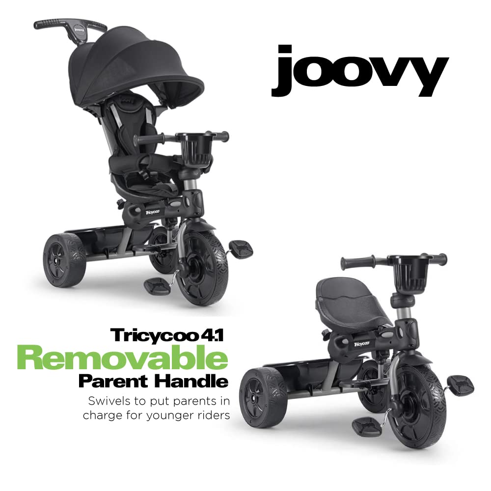 Joovy Tricycoo 4.1 Kids Tricycle with 4-Stages Featuring Extra-Wide Front Tire, Removable and Adjustable Parent Handle, Safety Harness