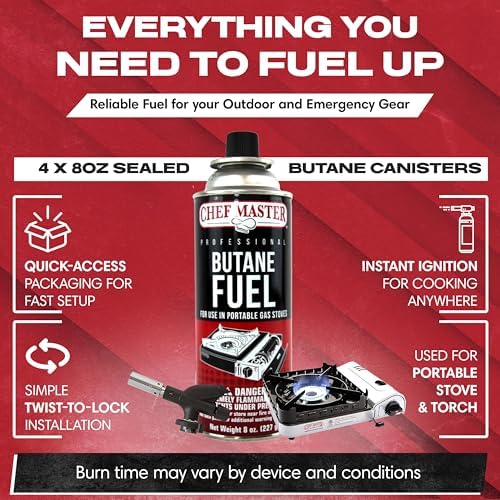Chef Master Butane Fuel Canister, Camp Stove & Torch Refill, 8 oz, 12-Pack