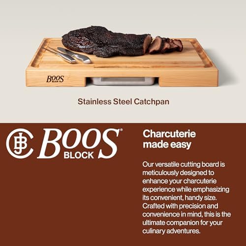 John Boos Newton Prep Master Series Rectangular Wooden Maple Cutting Board 15”x14” – 2.25” Thick, 14-lb Reversible Butcher Block with Catch Pan, Sloped Juice Groove & Edge-Grain – Made in the USA