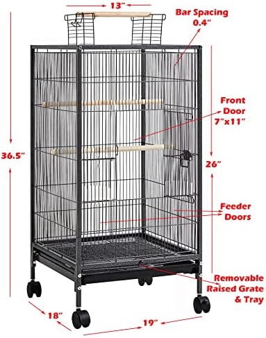 36-Inch Deluxe Sturdy Wrought Iron Bird Flight Open Play Top Cage with Rolling Stand for Parrots Conure Lovebird Cockatiel