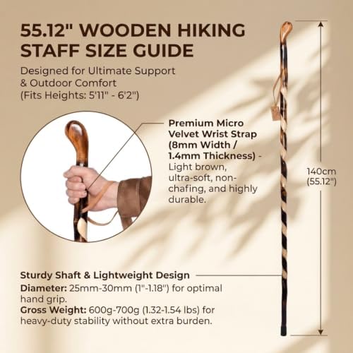 FOREST PILOT Handcrafted Nature Wood Hiking Stick 55 Inches Long - with Hand Strap and Rubber Tip Cover - Transparent Waterproof Painting Coating