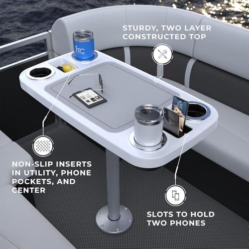 Manufacturers' Select ITC Boat Table Set - 18"x34" Removable Pontoon Boat Table with Center Non-Slip Mat, Pedestal Leg, 4 Drink Holders