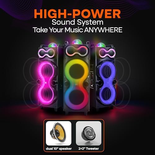 Pyle Bluetooth Speaker System with Wireless Mic, 240W PA and Karaoke Machine, Dual 10" Inch Speakers, Rechargeable Battery, USB/SD/AUX/FM Radio
