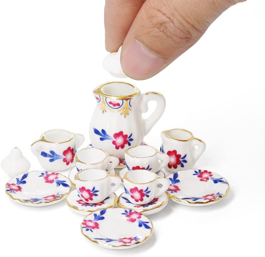 Odoria 1/12 Miniature Porcelain Tea Set 15Pcs Dollhouse Decoration Accessories, Grapes