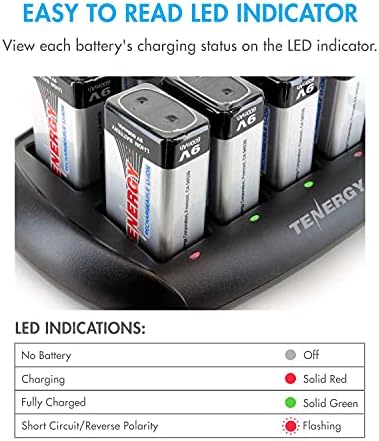 Tenergy 9V Batteries 600mAh 10PCS Li-ion 9 Volt Rechargeable Batteries with 10-Slot Li-ion 9V Battery Charger for Smoke Alarm/Detector