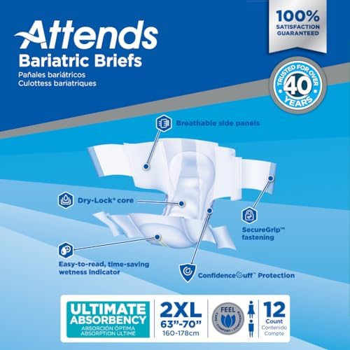 Attends Bariatric Incontinence Disposable Briefs, XX-Large, 63"-70" Waist with Tab Closures, Ultimate Absorbency, Dry-Lock Containment Core and ConfidenceCuff Leakage Protection, 2XL 48ct Case