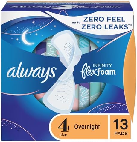 Always Infinity Feminine Pads for Women, Flexfoam Pads with Wings, Size 4, Overnight Absorbency, Unscented, 38 Count