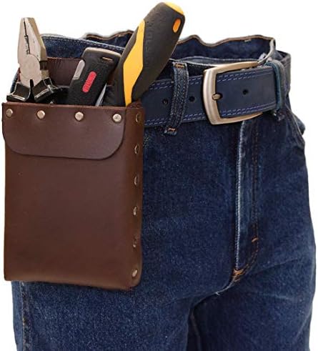 Hide & Drink, Riveted Squared Tool Pouch for Waist Belt, Heavy Duty Case, Rustic Tool Organizer, Full Grain Leather, Handmade, Bourbon Brown