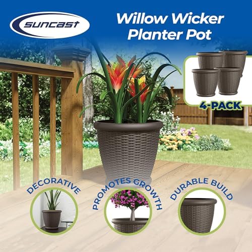 Suncast Wicker Planter w/ Drillable Drain Holes, Decorative Indoor/Outdoor Pot, 18in, Java
