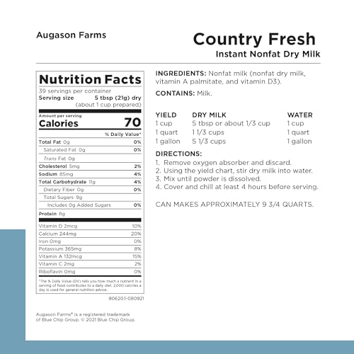Augason Farms Country Fresh Instant Nonfat Dry Milk Powder | 39 Servings, 20 Year Shelf Life, Gluten Free