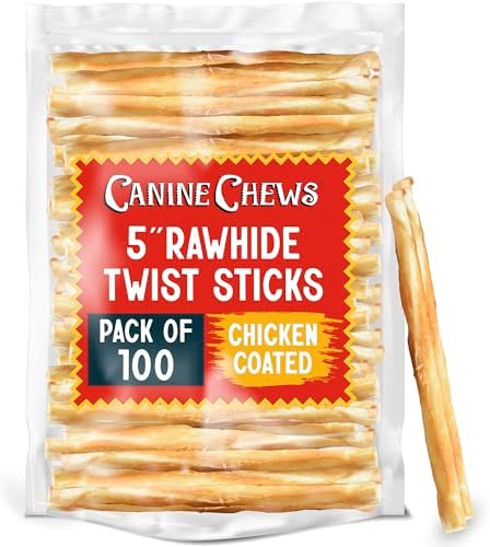 Canine Chews 5" Chicken Coated Sticks - Pack of 100 Chicken Wrapped Rawhide Dog Treats - 100% Real USA-Sourced Chicken Coating - Protein-Dense Dog