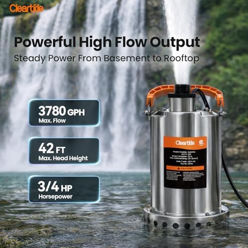 Stainless Steel Submersible Utility Water Pump, 3/4 HP 3780 GPH, Thermoplastic Portable Plug & Work, Ideal for Pool, Flooded Basement, Hot Tub, Pond & Garden Draining, 10 FT Cord