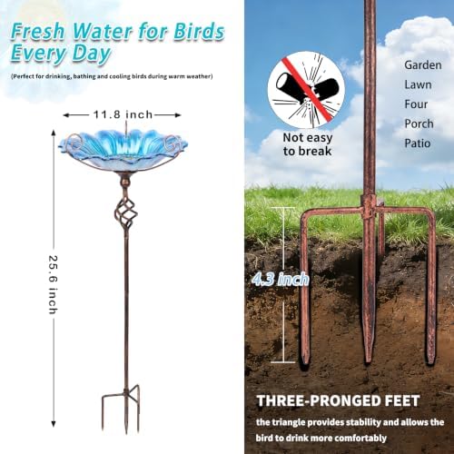MUMTOP Bird Bath Outdoor, Glass Birdbath Bowl with Stake Garde Decor, Blue