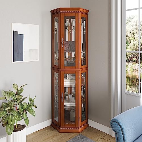 BELLEZE Lighted Wooden Corner Display Curio Cabinet, Two Section Shelving Unit with Tempered Glass Door