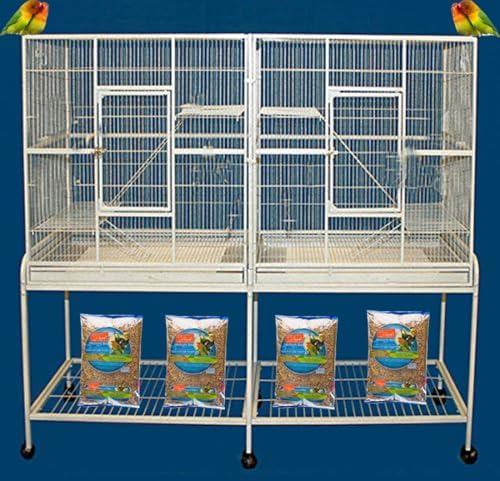 64" Extra Large Double Flight Bird Wrought Iron Double Cage Slide Out Center Divider Side Nesting Box Door Parrot Cage Cockatiel Conure with Removable Rolling Stand Storage Shelf