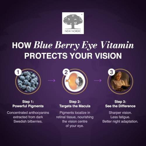 NEW NORDIC Blue Berry Eye Vitamin Supplement Daily Vision Support - 120 Ct. | Daily eye health supplements formulated with lutein and Swedish wild blueberries for simple integration into your routine