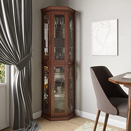 BELLEZE Lighted Wooden Corner Display Curio Cabinet, Two Section Shelving Unit with Tempered Glass Door
