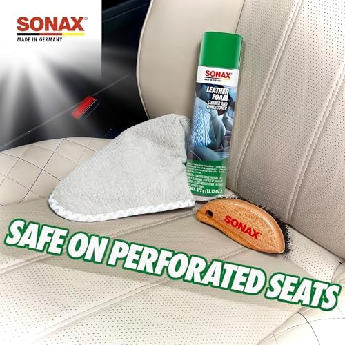 SONAX Leather Foam 289300 | 2 in 1 Aerosol Leather Cleaner and Conditioner | Safe to Use on Perforated Air Conditioned/Heated Seats | UV Protection