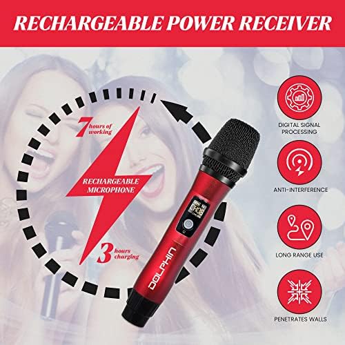 Dolphin MCX11 UHF Wireless Microphone, Rechargeable Karaoke Mic, Red | 50-Channel Anti-Interference, DSP Audio, USB-C Charging, All-Metal Design