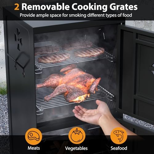 Charcoal Smoker Outdoor, Vertical BBQ Smoker with Thermostat, 2 Access Doors, 2 Cooking Grates, 2 Removable Pans & 4 Air Vents