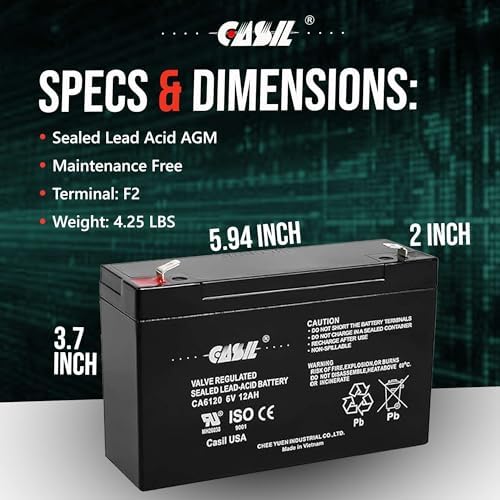 Casil CA6120 6V 12Ah Battery - 12Amp, 6V AGM Deep Cycle Battery, SLA Battery F2, VRLA Replacement, Emergency Light Battery 6V 12Ah - 2 Pack