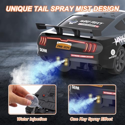 Dollox RC Drift Car 1/16 Scale Remote Control Car 2.4GHz 4WD High Speed 18+KM/H Race Car with LED Light and Spray, Extra Drifting Tires Racing Vehicle Toy Birthday Gifts for Adults Boys, 2 Batteries