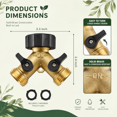 Xiny Tool Hose Splitter, Garden Hose Splitter Heavy Duty 2 Way, Solid Brass Water Hose Y Splitter 2 Valves with 2 Extra Rubber Washers
