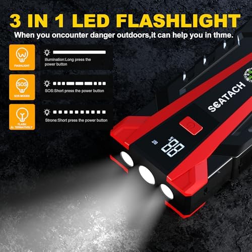 Scatach 6000A Car Battery Jump Starter,12V Portable Jump Starter Battery Pack (up to 9.0L Gasoline and 7.0L Diesel Engine), Jump Box with 3 Modes Flashlights, Jumper Cables, LED Display