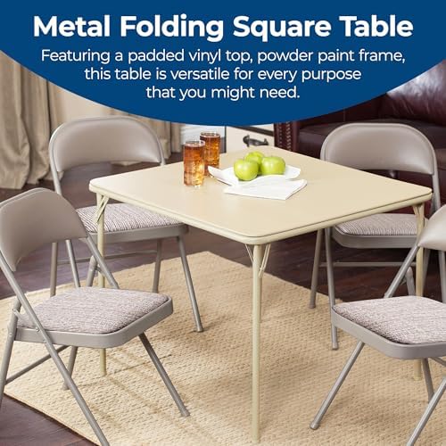 Sudden Comfort 34 by 34 Inch Portable EZ Slide Leg Lock Square Metal Padded Vinyl Top Folding Dining Card Table in Buff Tan