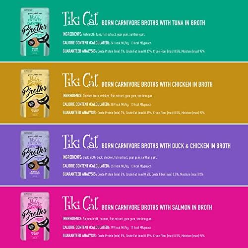 Tiki Cat Born Carnivore Broths Wet Cat Food Toppers, Variety Pack, 1.3 oz. Pouch (12 Count) | Broth with Real Animal Protein for Hydration