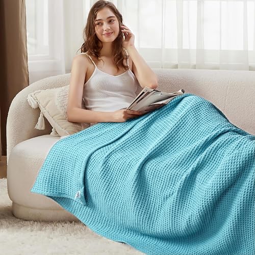 Tex Trend 100% Cotton Waffle Weave Blanket Queen Size - Soft, Breathable Cooling Blanket for Bed, Lightweight Cozy Summer & Spring Bedding, Grey, 90x90