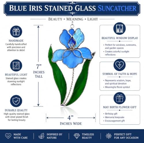 Blue Iris Stained Glass Suncatcher 7x4 Inch – Real Stained Glass Silver Plated Hanging Flower Ornament – Christian Symbol of Faith Wisdom Hope