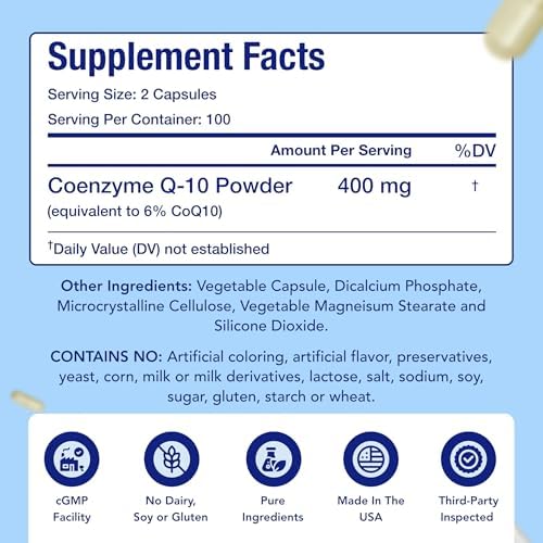 CoQ10 400mg Capsules | Vegan Friendly Coenzyme Q10 400mg per Serving from Easy Absorption Ubiquinone Supplement for Skin Heart and Energy Support