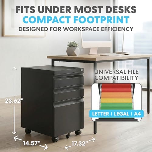 SIMPLI-Magic 3-Drawer Mobile File Cabinet with Lock - Under Desk Rolling Metal Filing Cabinet, Letter/Legal/A4, Fully Assembled, Home Office Organizer