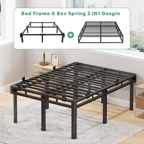 Superay 24 inch HIgh Queen Bed Frame with Rounded Legs, Double Layer Design | Metal Bed Frame & Box Spring 2 in 1 High Platform with Matress Gasket & headboard Adapter, Heavy Duty Support 4000lbs, Black