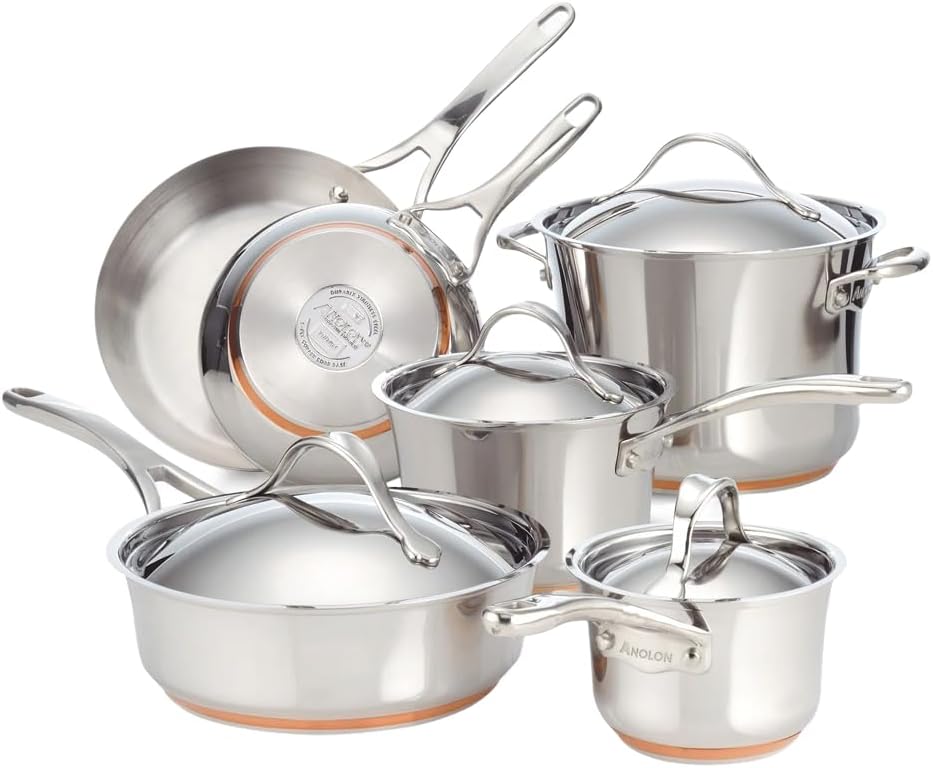 Anolon Nouvelle Stainless Steel Cookware Pots and Pans Set, 10 Piece | Stainless Steel Cookware Set with Lids, Oven Safe to 500°F, Durable Everyday Cooking, Dishwasher Safe