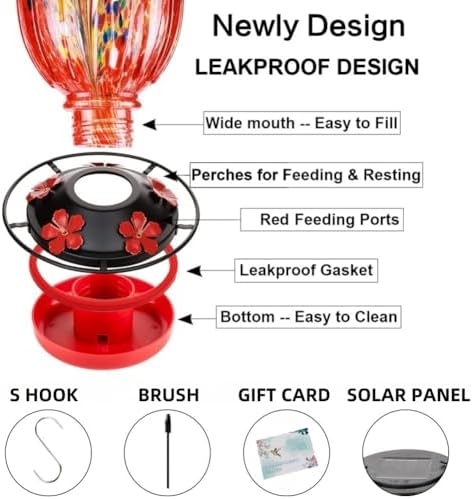 Solar Hummingbird Feeder for Outdoors Hanging Patio Designed 32 Ounces Colorful Hand Blown Glass Hummingbird Feeder 5 Feeding Ports with Perch Never