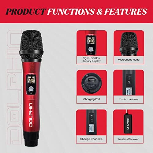 Dolphin MCX11 UHF Wireless Microphone, Rechargeable Karaoke Mic, Red | 50-Channel Anti-Interference, DSP Audio, USB-C Charging, All-Metal Design