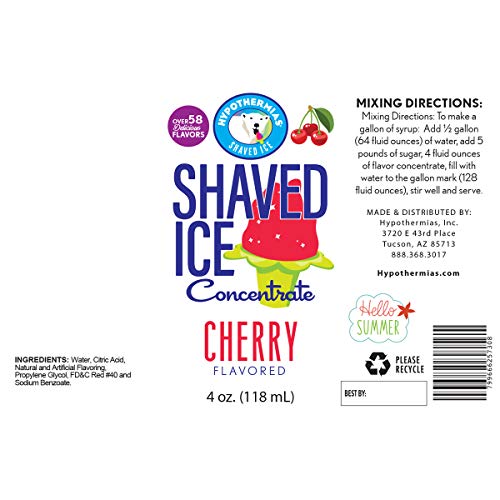 Hypothermias Shaved Ice and Snow Cone Syrup Unsweetened Flavor Concentrate - 4 Fl Oz - Makes 1 Gallon of Ready to Use Syrup - Cherry - Must Add