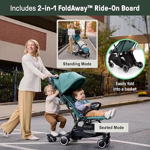Ingenuity 3D Travelmate Pro Lightweight Travel Stroller with Fold-Away Ride-On Board for Toddlers, Airplane Overhead Bin Compatible, Car Seat Ready, One-Hand Fold