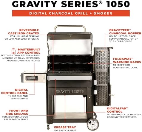 Masterbuilt® Gravity Series® 1050 Smoker Grill - Digital Charcoal Combo Grill with Free App, 1,050 Cooking Square Inches in Black, Model MB20041220