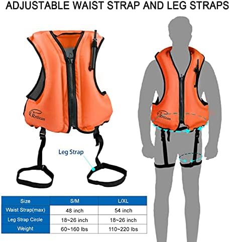 Rrtizan Inflatable Snorkel Vest for Adult, Travel Snorkeling Vest for Swimming, Snorkeling, Paddleboarding, Swim Vest Adult Suitable for 90-220lbs