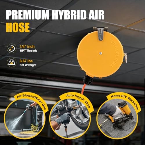 Mini Air Hose Reel With 1/4in. x 26ft. | Retractable Air Compressor Hose for Pneumatic Tools, Auto Rewind, Ceiling/Wall Mount