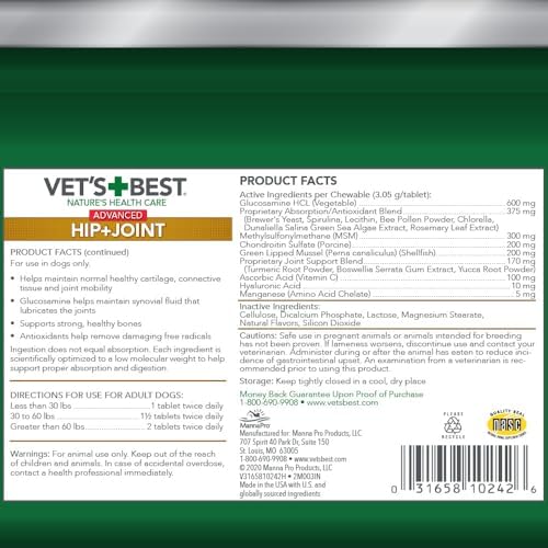Vet's Best Advanced Hip & Joint Supplement for Dogs, Glucosamine, 50 Count | Glucosamine & Chondroitin Formula, Supports Joint Mobility